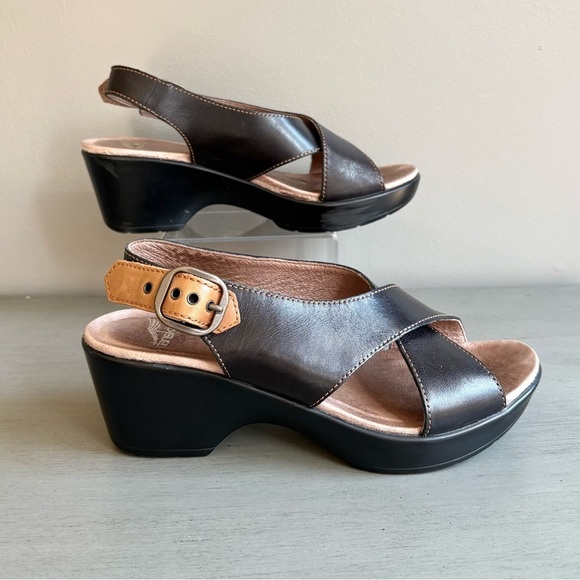 Dansko Jacinda Black Tan Slingback Leather Criss Cross Strap Wedge Sandal 37 - Picture 8 of 13